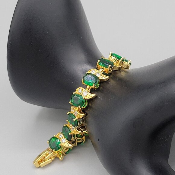 Gold Tone Bracelet With Green & Clear CZ Stones Prong Set Adjustable - Picture 2 of 7